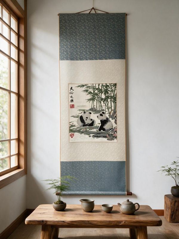 Shu‑Brocade *Joy of Family Union* · Vertical Panda Silk Scroll