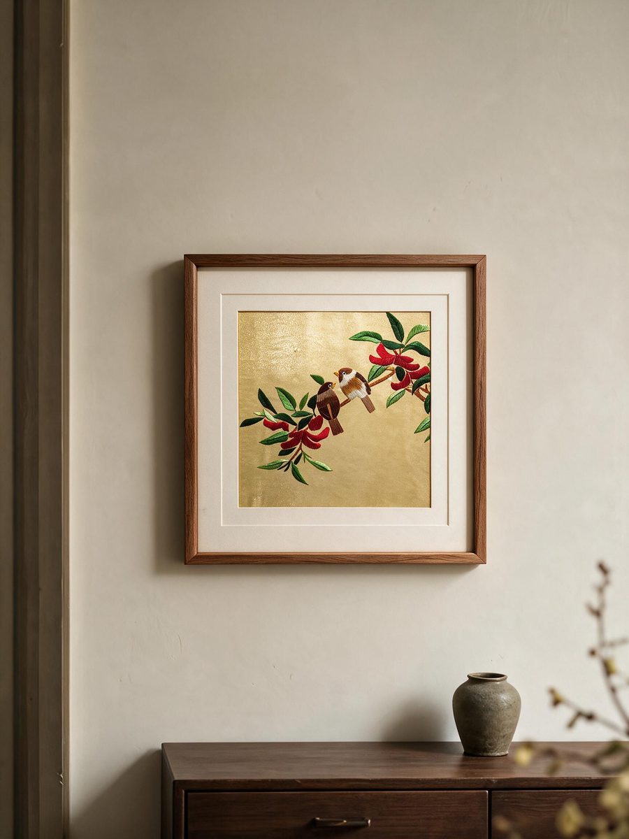 Shu‑Brocade Joyful Twin Sparrows on Gilded Background · Square Framed Silk Art