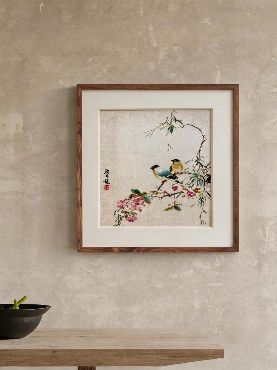 蜀锦花枝相伴鸟立轴装裱丝绸画