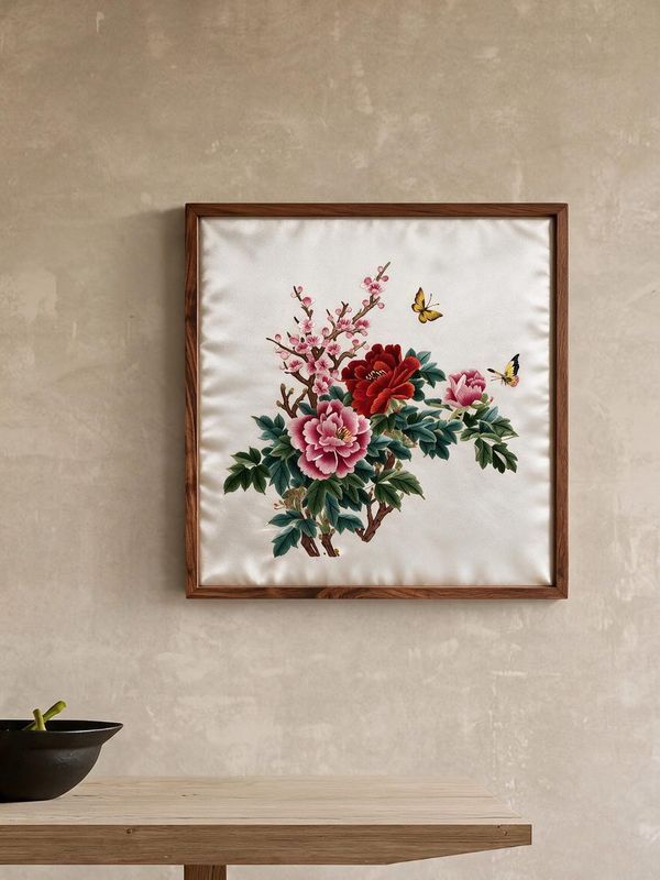 蜀锦《牡丹梅花蛱蝶图》· 方框丝绸艺术画
