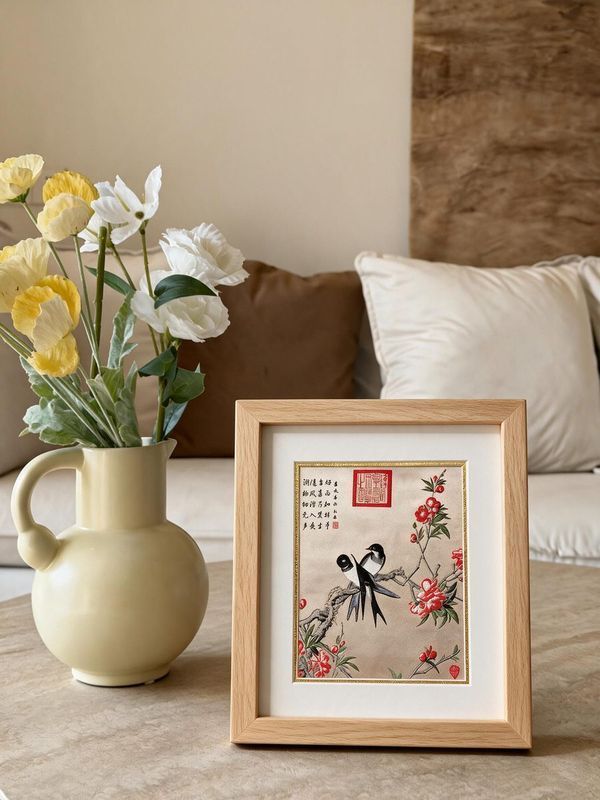 蜀锦春燕桃花图·框裱立轴丝绸画